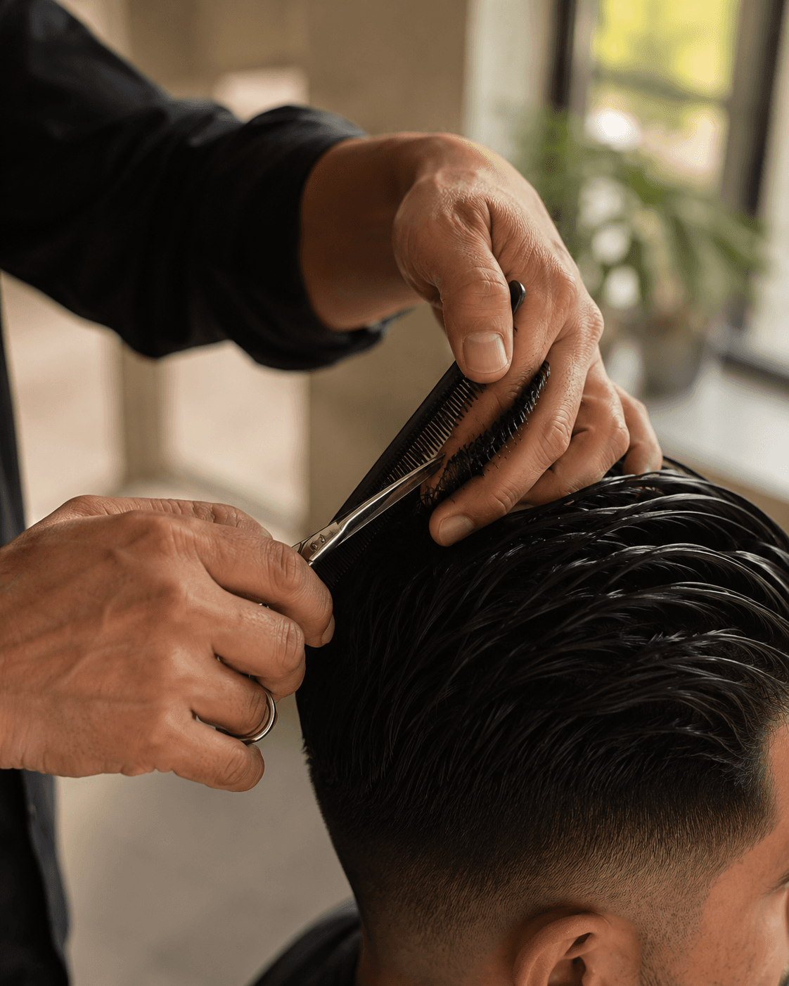 Manos de barbero profesional trabajando con tijeras, más de 35 años de experiencia
