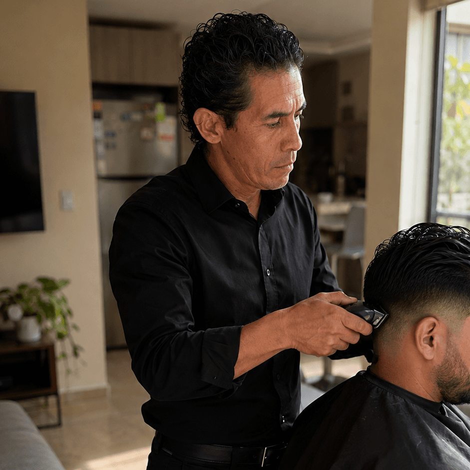 Diego, barbero profesional, realizando un corte a domicilio en Ciudad de México